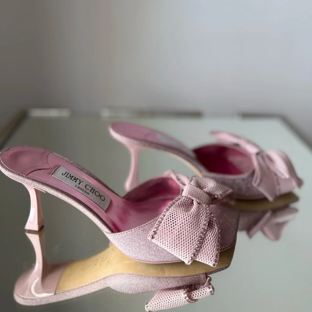 New JIMMY CHOO Jodi Bow-Embellished Glittered Mules pink - Picture 8 of 12